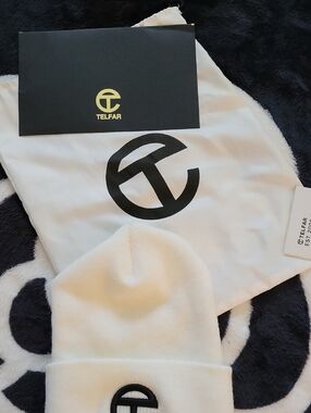 Telfar White Beanie with Black Logo